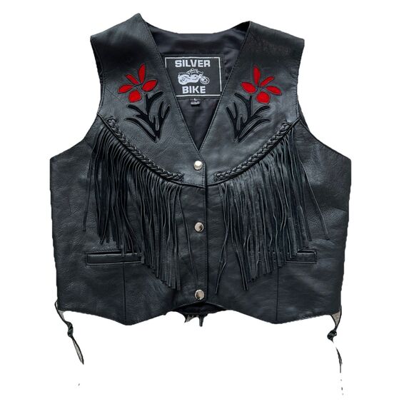 Silver Bike Jackets & Blazers - Silver Bike Leather Motorcycle Vest Red Floral Fringe Jacket L Festival Read